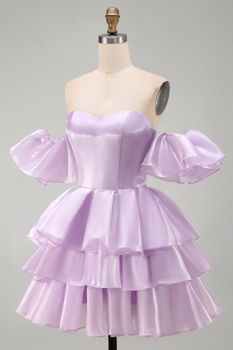 Laden Sie das Bild in den Galerie-Viewer, Schulterloses, fliederfarbenes A-Linien-Stufen-Short-Homecoming-Kleid mit Rüschen und Spitze hinten
