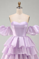 Laden Sie das Bild in den Galerie-Viewer, Schulterloses, fliederfarbenes A-Linien-Stufen-Short-Homecoming-Kleid mit Rüschen und Spitze hinten
