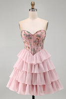 Laden Sie das Bild in den Galerie-Viewer, Rosa Sweetheart Korsett, baskisches Taillen-Gestuftes Homecoming-Kleid mit Rüschen und Pailletten