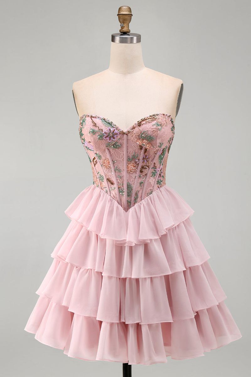 Laden Sie das Bild in den Galerie-Viewer, Rosa Sweetheart Korsett, baskisches Taillen-Gestuftes Homecoming-Kleid mit Rüschen und Pailletten