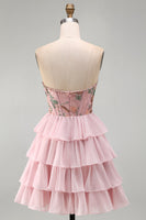 Laden Sie das Bild in den Galerie-Viewer, Rosa Sweetheart Korsett, baskisches Taillen-Gestuftes Homecoming-Kleid mit Rüschen und Pailletten
