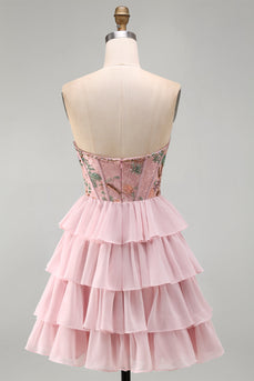 Rosa Sweetheart Korsett Baskisches Taillen Gestuftes Kurzes Abendkleid mit Rüschen und Pailletten