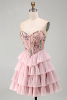 Laden Sie das Bild in den Galerie-Viewer, Rosa Sweetheart Korsett, baskisches Taillen-Gestuftes Homecoming-Kleid mit Rüschen und Pailletten