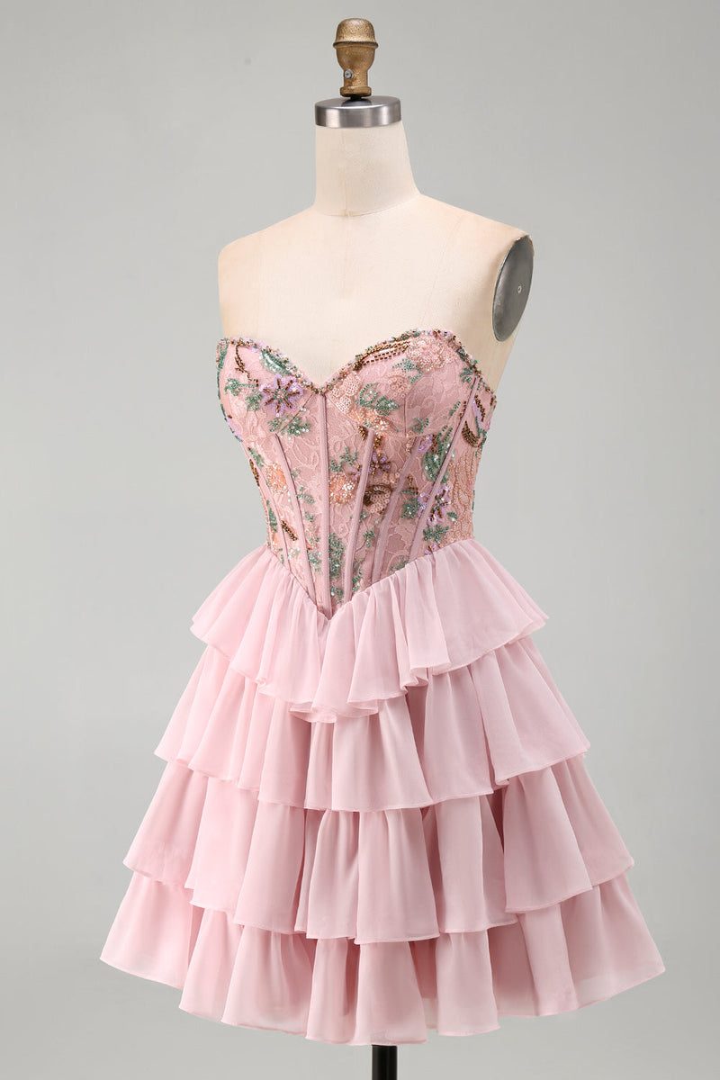 Laden Sie das Bild in den Galerie-Viewer, Rosa Sweetheart Korsett, baskisches Taillen-Gestuftes Homecoming-Kleid mit Rüschen und Pailletten