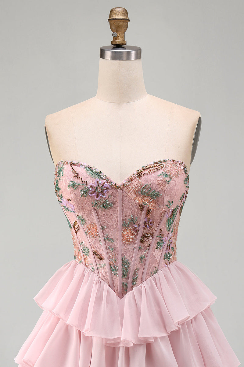 Laden Sie das Bild in den Galerie-Viewer, Rosa Sweetheart Korsett, baskisches Taillen-Gestuftes Homecoming-Kleid mit Rüschen und Pailletten
