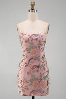 Laden Sie das Bild in den Galerie-Viewer, Rosa Blumenstickerei Bodycon Schnürung hinten Kurzes Homecoming-Kleid mit Pailletten