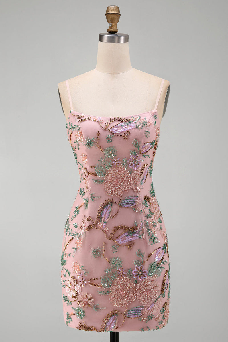 Laden Sie das Bild in den Galerie-Viewer, Rosa Blumenstickerei Bodycon Schnürung hinten Kurzes Homecoming-Kleid mit Pailletten