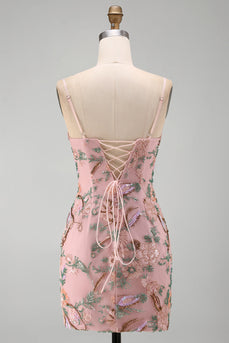 Rosa Blumenstickerei Bodycon Schnürung hinten Kurzes Abendkleid mit Pailletten