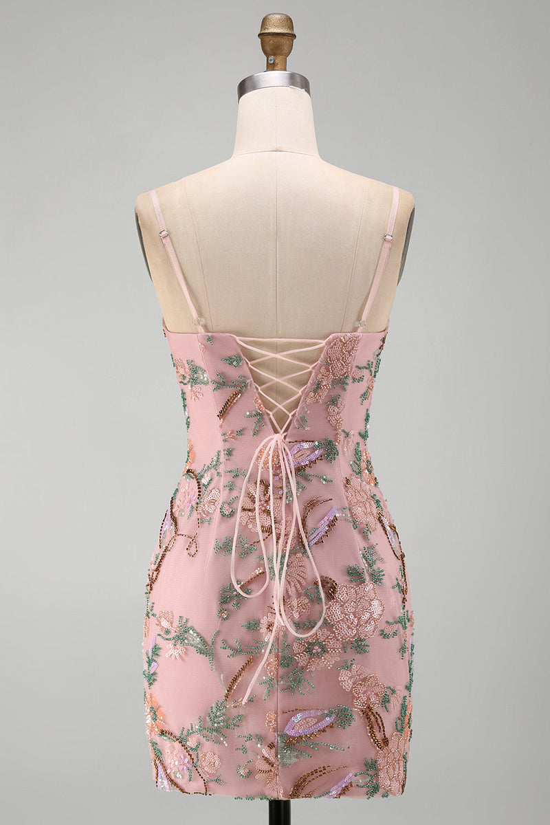 Laden Sie das Bild in den Galerie-Viewer, Rosa Blumenstickerei Bodycon Schnürung hinten Kurzes Homecoming-Kleid mit Pailletten