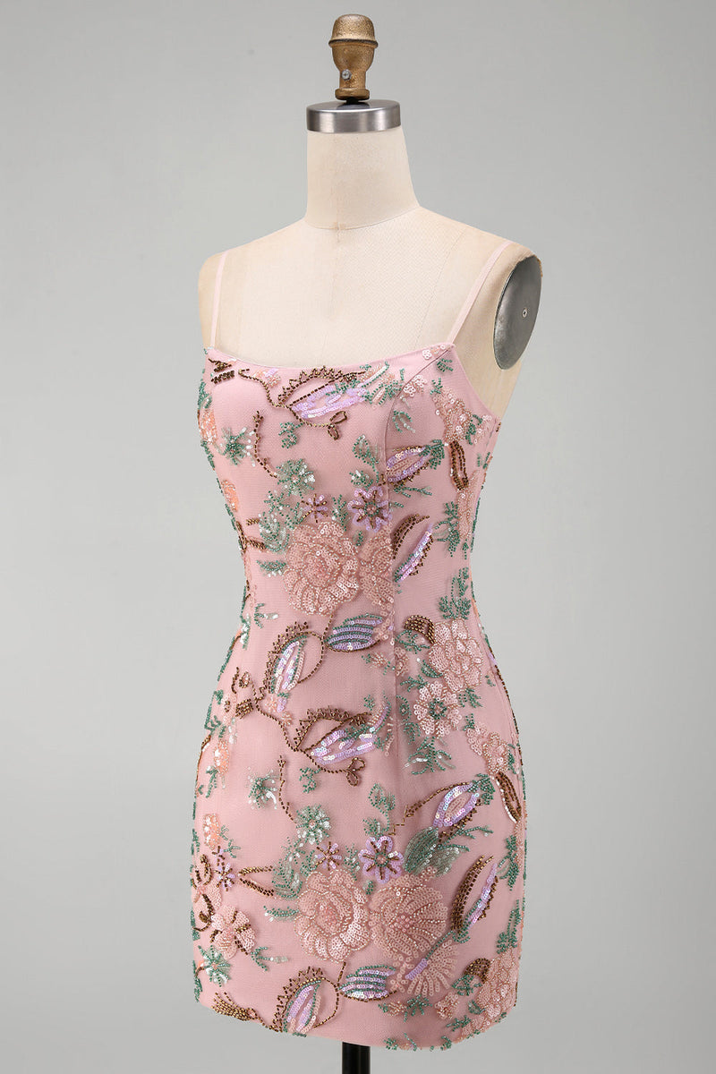 Laden Sie das Bild in den Galerie-Viewer, Rosa Blumenstickerei Bodycon Schnürung hinten Kurzes Homecoming-Kleid mit Pailletten