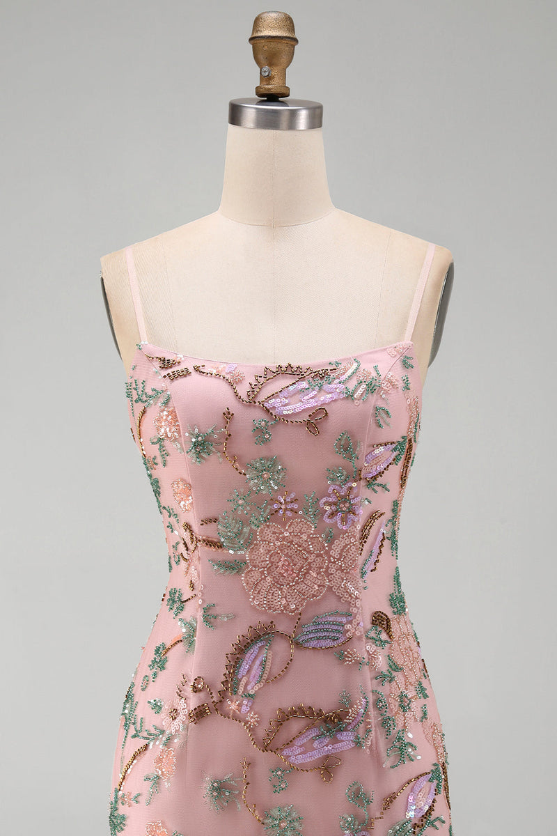 Laden Sie das Bild in den Galerie-Viewer, Rosa Blumenstickerei Bodycon Schnürung hinten Kurzes Homecoming-Kleid mit Pailletten