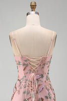 Laden Sie das Bild in den Galerie-Viewer, Rosa Blumenstickerei Bodycon Schnürung hinten Kurzes Homecoming-Kleid mit Pailletten