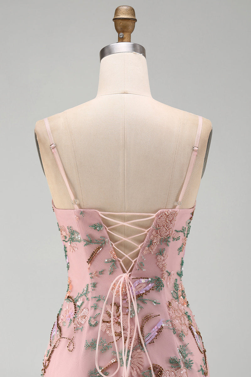 Laden Sie das Bild in den Galerie-Viewer, Rosa Blumenstickerei Bodycon Schnürung hinten Kurzes Homecoming-Kleid mit Pailletten