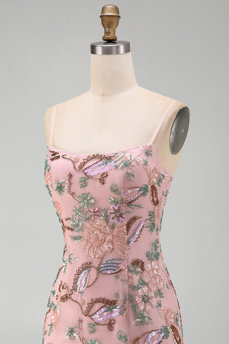 Laden Sie das Bild in den Galerie-Viewer, Rosa Blumenstickerei Bodycon Schnürung hinten Kurzes Homecoming-Kleid mit Pailletten