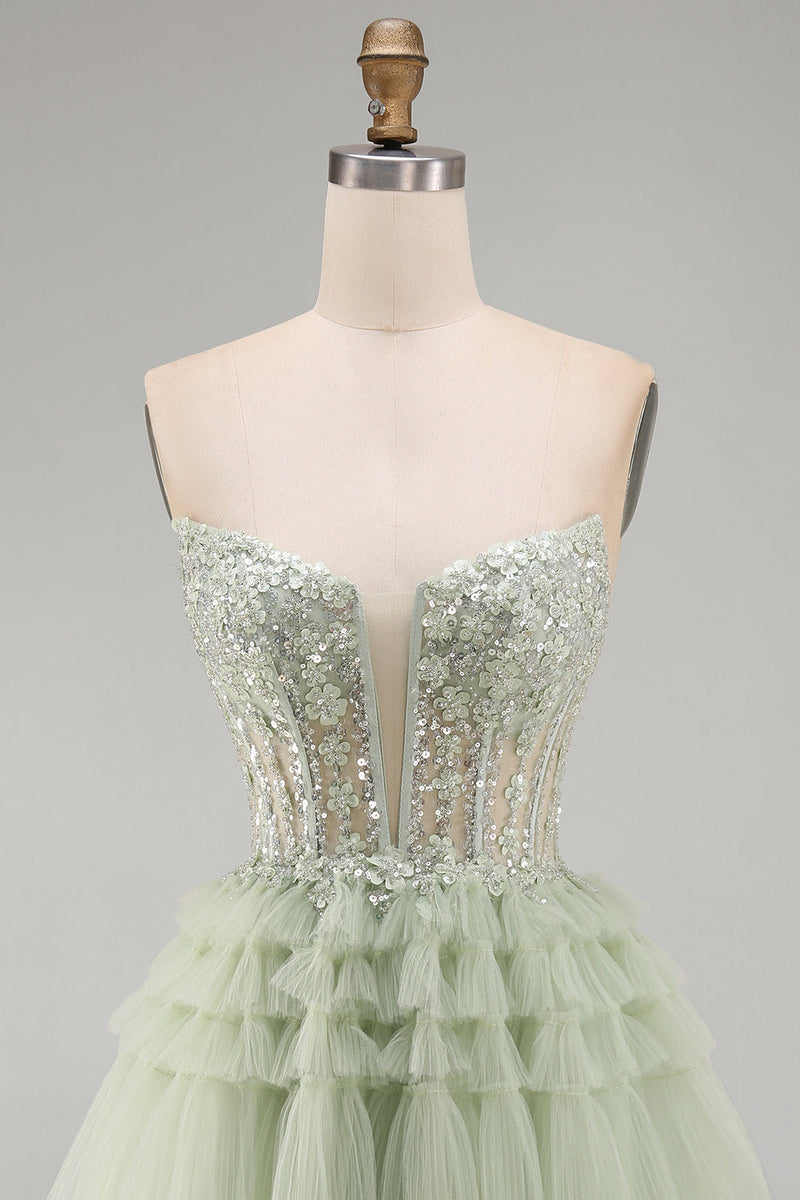 Laden Sie das Bild in den Galerie-Viewer, Trägerloses, staubiges Salbei-Korsett, Blumen-Rüschen-Homecoming-Kleid mit Perlenbesatz in A-Linie