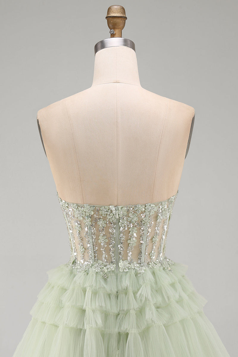 Laden Sie das Bild in den Galerie-Viewer, Trägerloses, staubiges Salbei-Korsett, Blumen-Rüschen-Homecoming-Kleid mit Perlenbesatz in A-Linie