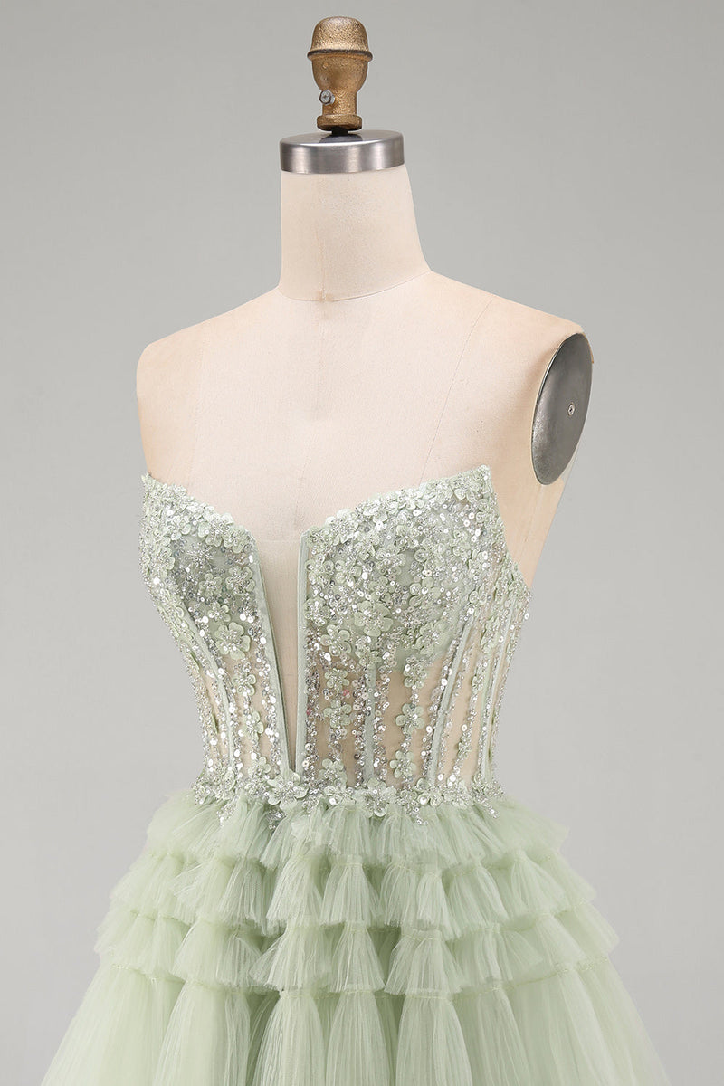 Laden Sie das Bild in den Galerie-Viewer, Trägerloses, staubiges Salbei-Korsett, Blumen-Rüschen-Homecoming-Kleid mit Perlenbesatz in A-Linie