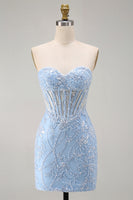 Laden Sie das Bild in den Galerie-Viewer, Blaues Sweetheart-Transparentes Korsett Bodycon Pailletten Kurzes Homecoming-Kleid mit Applikationen
