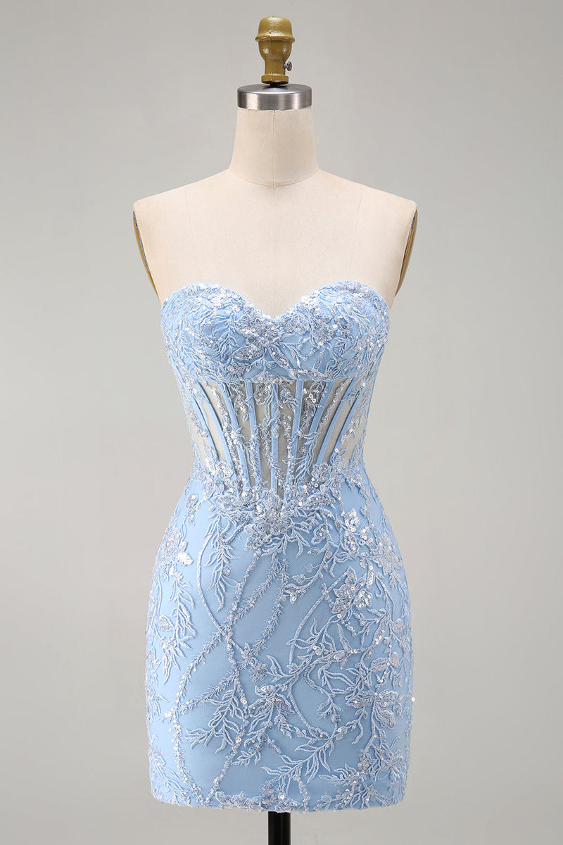 Laden Sie das Bild in den Galerie-Viewer, Blaues Sweetheart-Transparentes Korsett Bodycon Pailletten Kurzes Homecoming-Kleid mit Applikationen