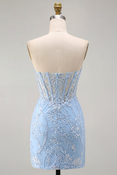 Blaues Sweetheart Transparentes Korsett Bodycon Pailletten Kurzes Abendkleid mit Applikationen