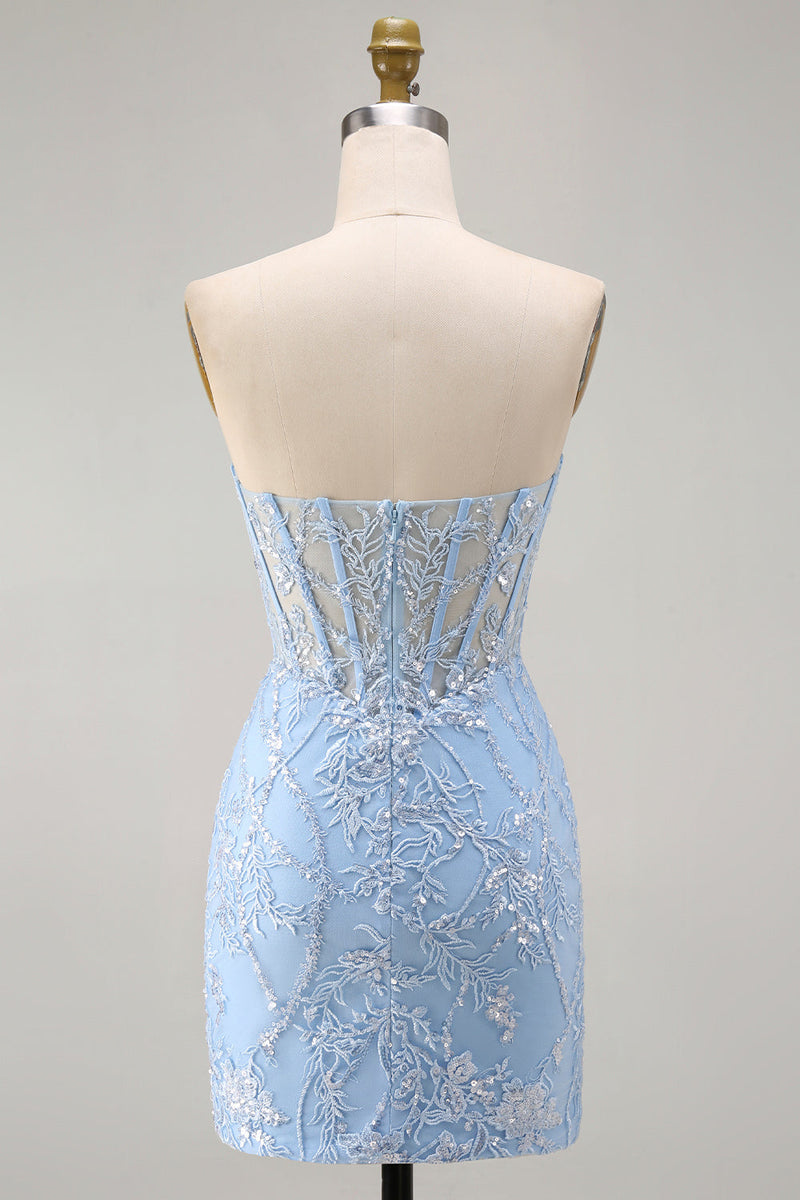 Laden Sie das Bild in den Galerie-Viewer, Blaues Sweetheart-Transparentes Korsett Bodycon Pailletten Kurzes Homecoming-Kleid mit Applikationen