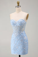 Laden Sie das Bild in den Galerie-Viewer, Blaues Sweetheart-Transparentes Korsett Bodycon Pailletten Kurzes Homecoming-Kleid mit Applikationen