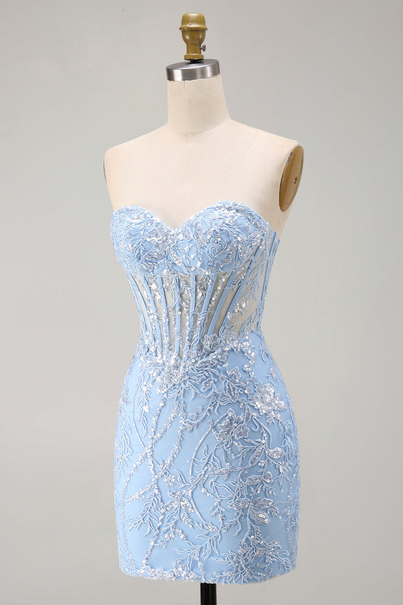 Laden Sie das Bild in den Galerie-Viewer, Blaues Sweetheart-Transparentes Korsett Bodycon Pailletten Kurzes Homecoming-Kleid mit Applikationen