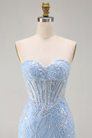 Laden Sie das Bild in den Galerie-Viewer, Blaues Sweetheart-Transparentes Korsett Bodycon Pailletten Kurzes Homecoming-Kleid mit Applikationen