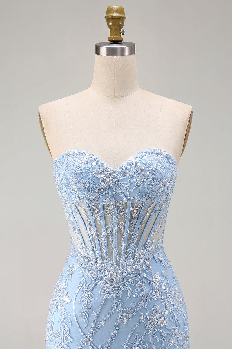 Laden Sie das Bild in den Galerie-Viewer, Blaues Sweetheart-Transparentes Korsett Bodycon Pailletten Kurzes Homecoming-Kleid mit Applikationen