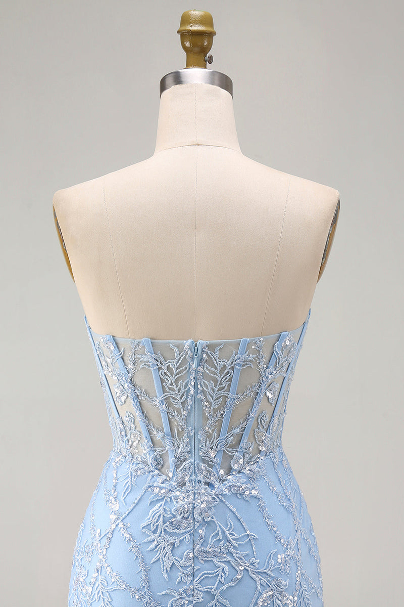 Laden Sie das Bild in den Galerie-Viewer, Blaues Sweetheart-Transparentes Korsett Bodycon Pailletten Kurzes Homecoming-Kleid mit Applikationen