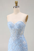 Laden Sie das Bild in den Galerie-Viewer, Blaues Sweetheart-Transparentes Korsett Bodycon Pailletten Kurzes Homecoming-Kleid mit Applikationen