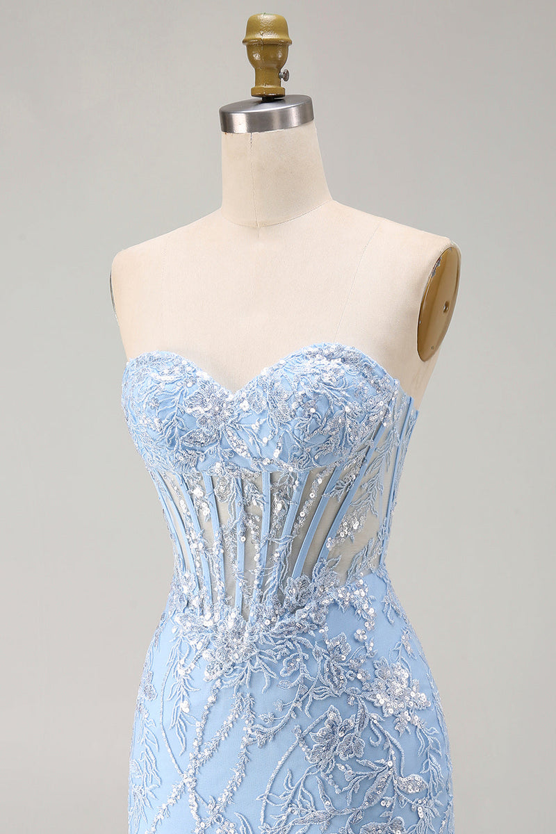 Laden Sie das Bild in den Galerie-Viewer, Blaues Sweetheart-Transparentes Korsett Bodycon Pailletten Kurzes Homecoming-Kleid mit Applikationen