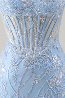 Laden Sie das Bild in den Galerie-Viewer, Blaues Sweetheart-Transparentes Korsett Bodycon Pailletten Kurzes Homecoming-Kleid mit Applikationen