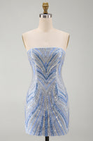 Laden Sie das Bild in den Galerie-Viewer, Glitzerndes trägerloses blaues Bodycon-Pailletten-Kurzes Homecoming-Kleid mit Perlen