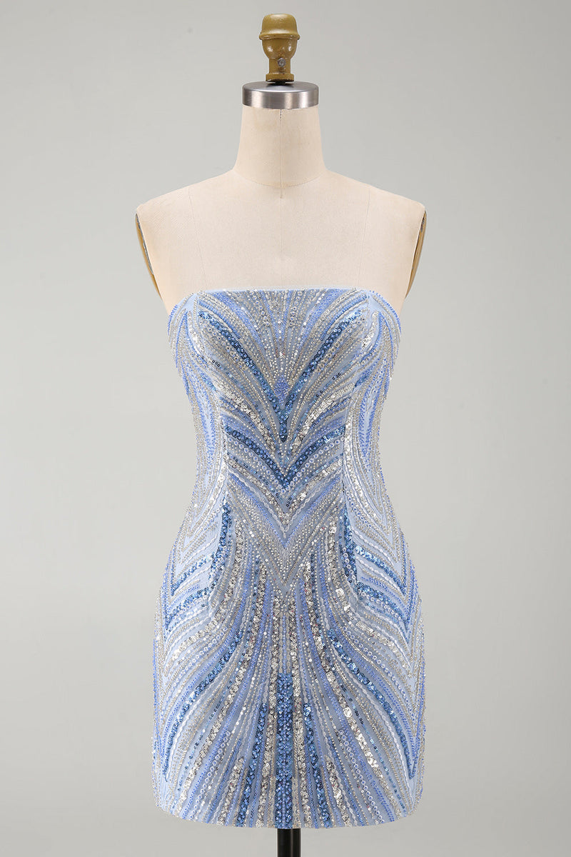 Laden Sie das Bild in den Galerie-Viewer, Glitzerndes trägerloses blaues Bodycon-Pailletten-Kurzes Homecoming-Kleid mit Perlen