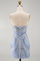 Laden Sie das Bild in den Galerie-Viewer, Glitzerndes trägerloses blaues Bodycon-Pailletten-Kurzes Homecoming-Kleid mit Perlen