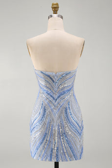 Glitzerndes Trägerloses Blaues Bodycon Pailletten Kurzes Abendkleid mit Perlen