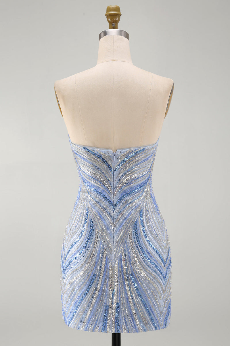 Laden Sie das Bild in den Galerie-Viewer, Glitzerndes trägerloses blaues Bodycon-Pailletten-Kurzes Homecoming-Kleid mit Perlen