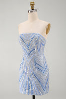 Laden Sie das Bild in den Galerie-Viewer, Glitzerndes trägerloses blaues Bodycon-Pailletten-Kurzes Homecoming-Kleid mit Perlen