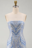 Laden Sie das Bild in den Galerie-Viewer, Glitzerndes trägerloses blaues Bodycon-Pailletten-Kurzes Homecoming-Kleid mit Perlen