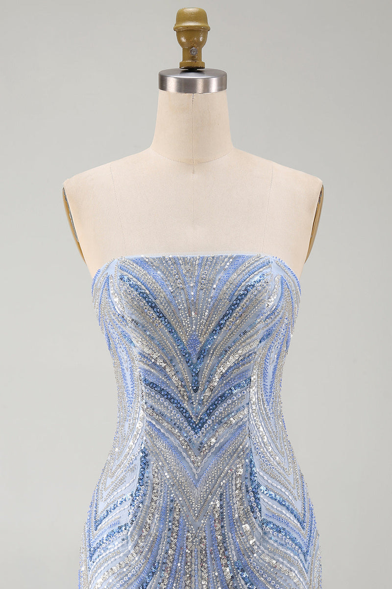 Laden Sie das Bild in den Galerie-Viewer, Glitzerndes trägerloses blaues Bodycon-Pailletten-Kurzes Homecoming-Kleid mit Perlen