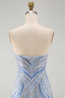 Laden Sie das Bild in den Galerie-Viewer, Glitzerndes trägerloses blaues Bodycon-Pailletten-Kurzes Homecoming-Kleid mit Perlen