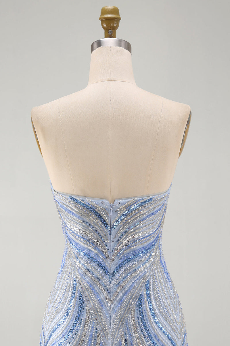 Laden Sie das Bild in den Galerie-Viewer, Glitzerndes trägerloses blaues Bodycon-Pailletten-Kurzes Homecoming-Kleid mit Perlen