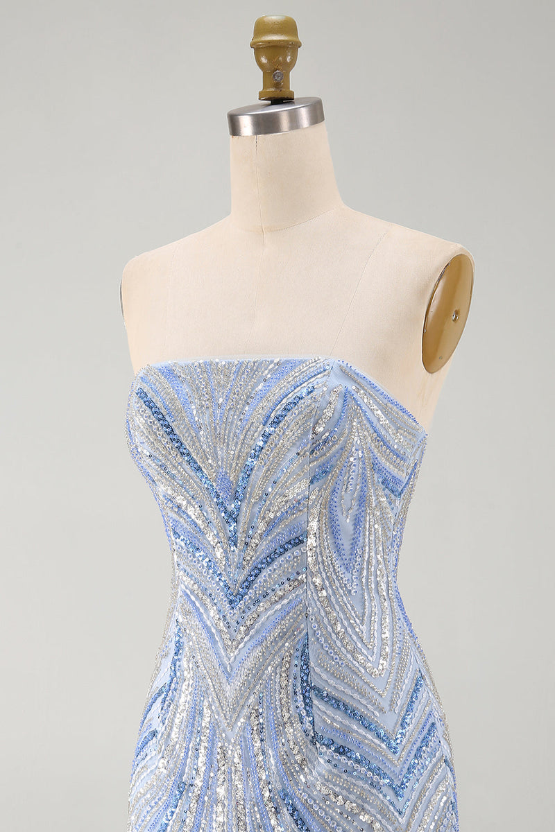 Laden Sie das Bild in den Galerie-Viewer, Glitzerndes trägerloses blaues Bodycon-Pailletten-Kurzes Homecoming-Kleid mit Perlen