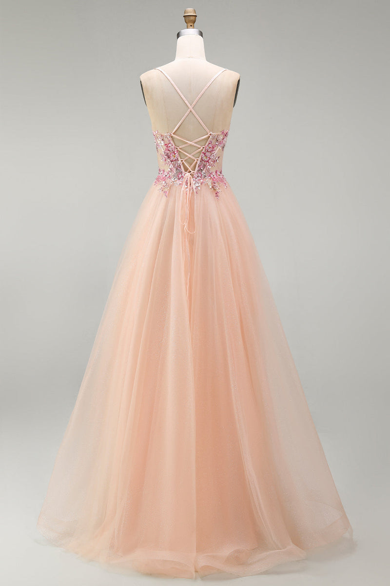 Laden Sie das Bild in den Galerie-Viewer, Champagner-A-Linie Tüll-Transparentes Korsett, geblümtes langes Abschlussballkleid mit Spitze hinten