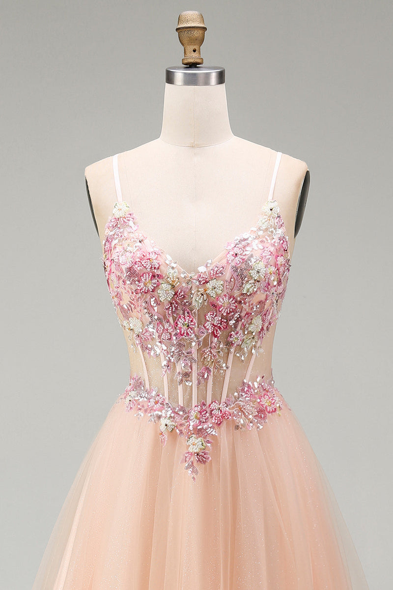 Laden Sie das Bild in den Galerie-Viewer, Champagner-A-Linie Tüll-Transparentes Korsett, geblümtes langes Abschlussballkleid mit Spitze hinten