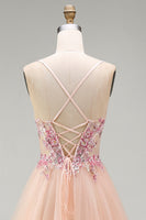Laden Sie das Bild in den Galerie-Viewer, Champagner-A-Linie Tüll-Transparentes Korsett, geblümtes langes Abschlussballkleid mit Spitze hinten