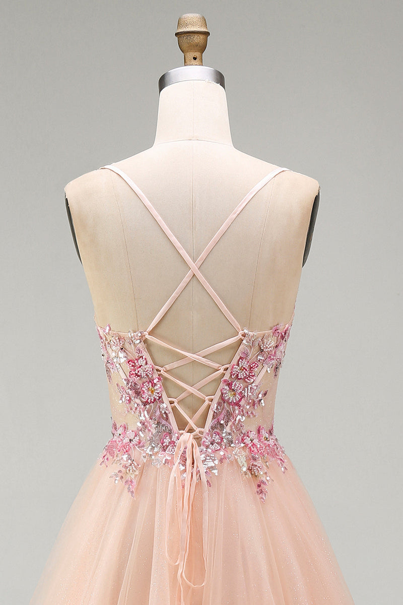 Laden Sie das Bild in den Galerie-Viewer, Champagner-A-Linie Tüll-Transparentes Korsett, geblümtes langes Abschlussballkleid mit Spitze hinten