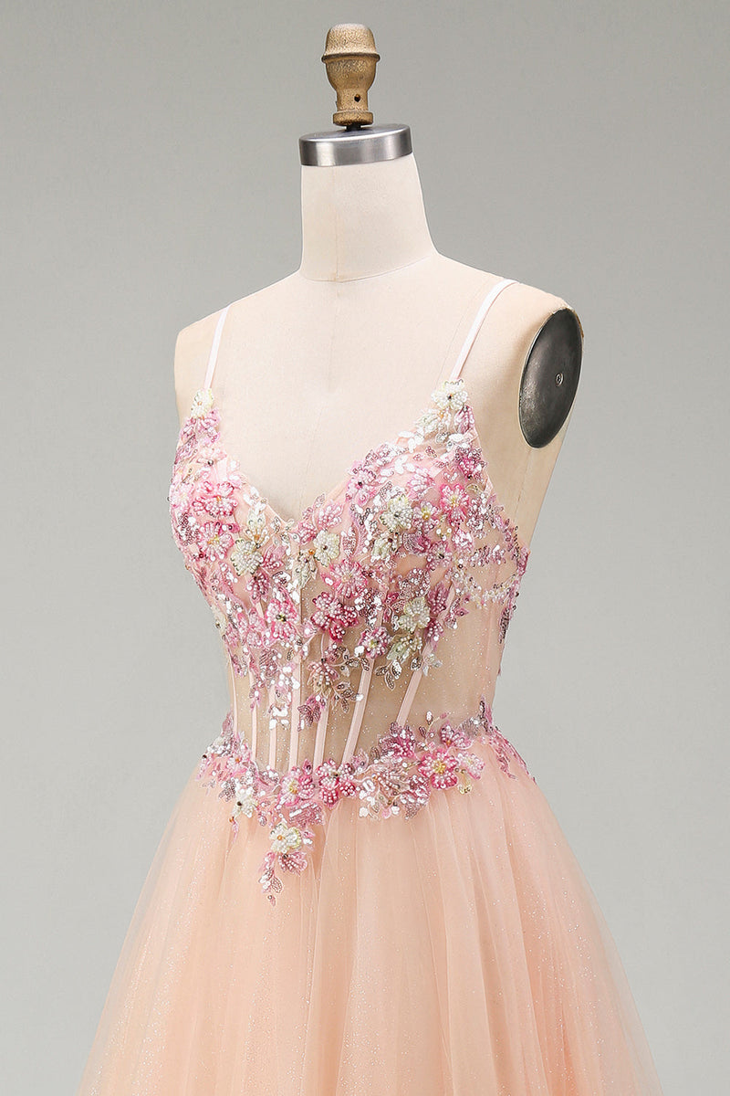 Laden Sie das Bild in den Galerie-Viewer, Champagner-A-Linie Tüll-Transparentes Korsett, geblümtes langes Abschlussballkleid mit Spitze hinten