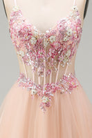 Laden Sie das Bild in den Galerie-Viewer, Champagner-A-Linie Tüll-Transparentes Korsett, geblümtes langes Abschlussballkleid mit Spitze hinten